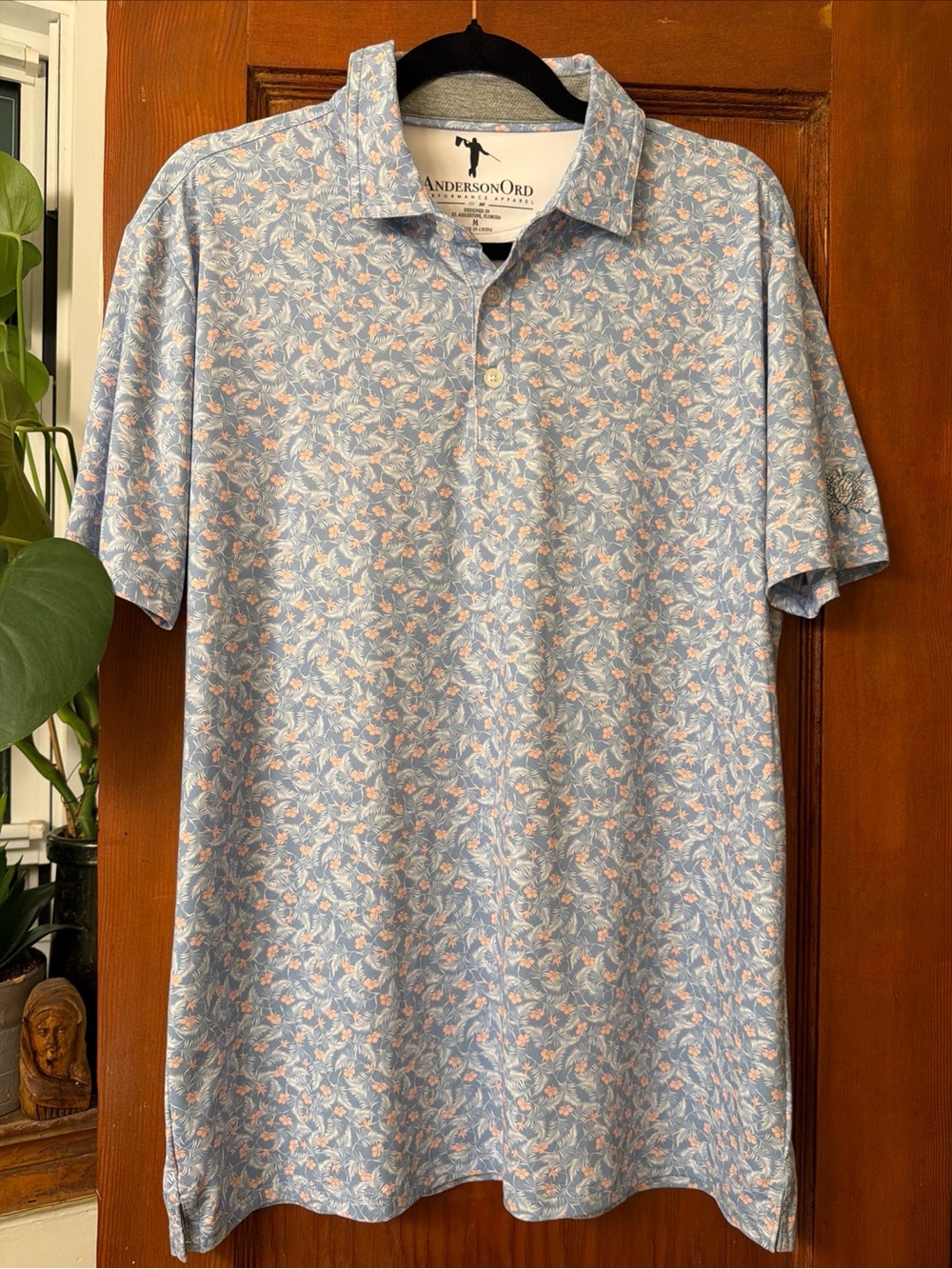AndersonOrd Size Medium Mens Performance Polo Shirt Floral Print Button Collar